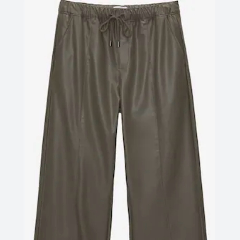 Pull&Bear Faux Leather Pants Women Medium Olive Green Wide Leg Pull On Like New